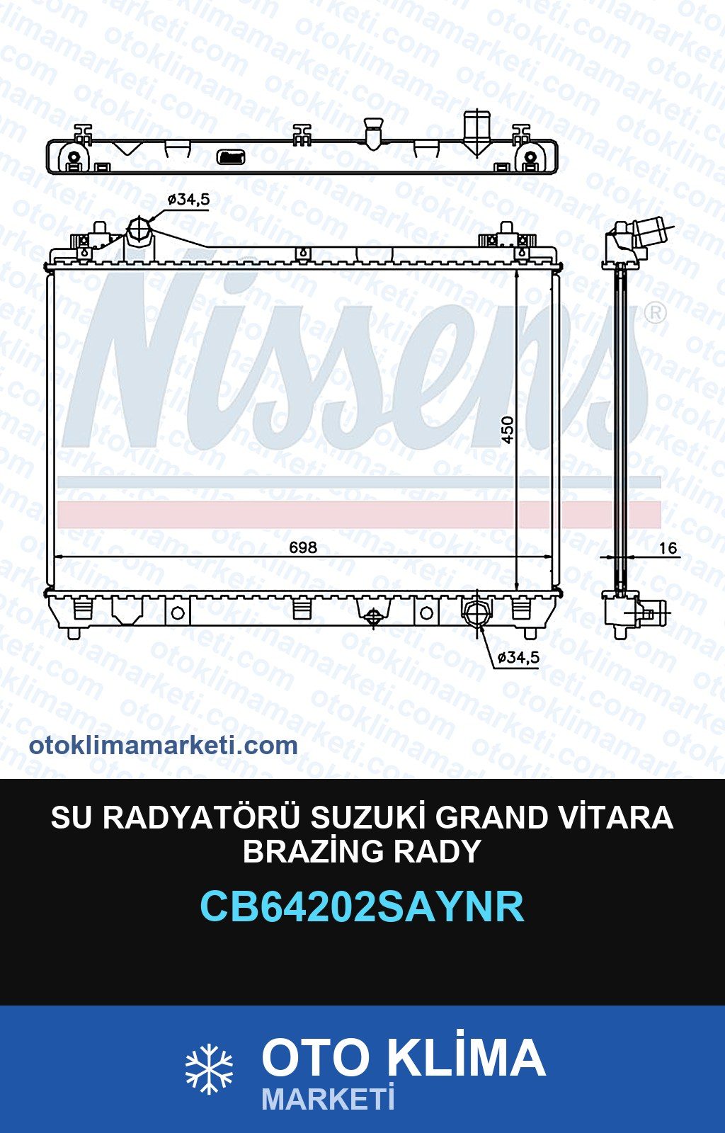 Su Radyatörü Suzuki Grand Vitara Brazing Rady — SU RADYATÖRÜ — UNICORE marka — Uyumlu: SUZUKI