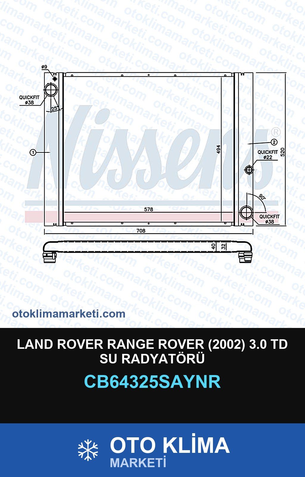 Land Rover Range Rover (2002) 3.0 Td Su Radyatörü — SU RADYATÖRÜ — UNICORE marka — Uyumlu: LAND ROVER, ROVER