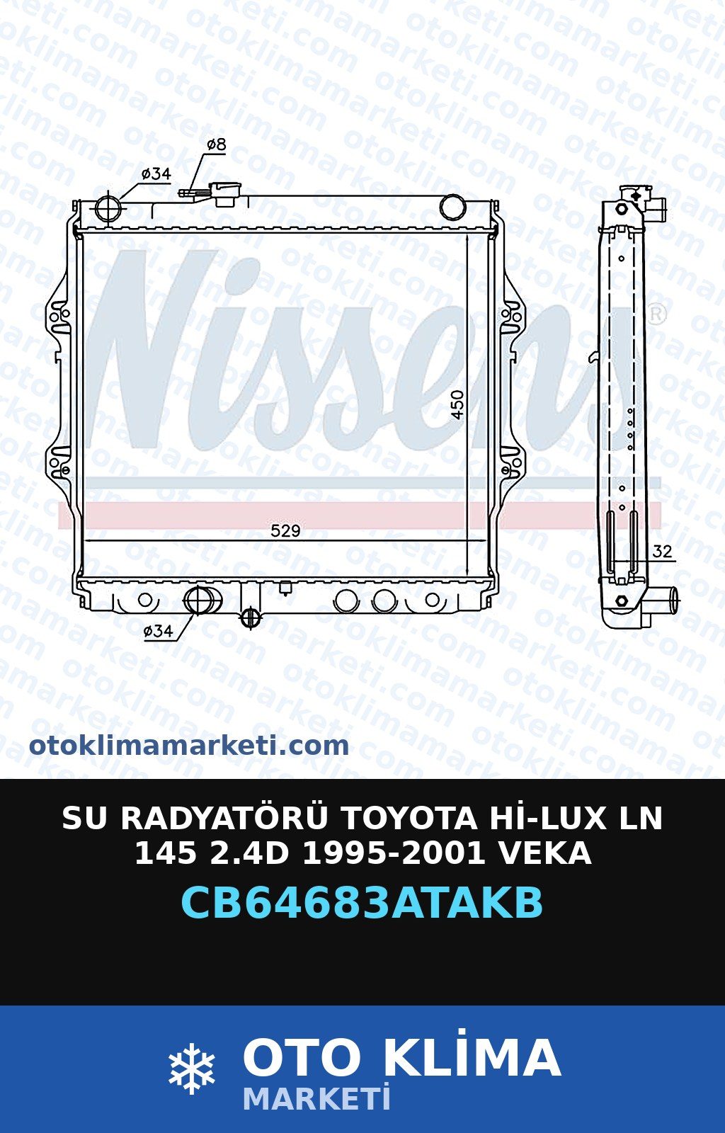 Su Radyatörü Toyota Hi-Lux Ln 145 2.4D 1995-2001 Veka — SU RADYATÖRÜ — VEKA marka — Uyumlu: TOYOTA