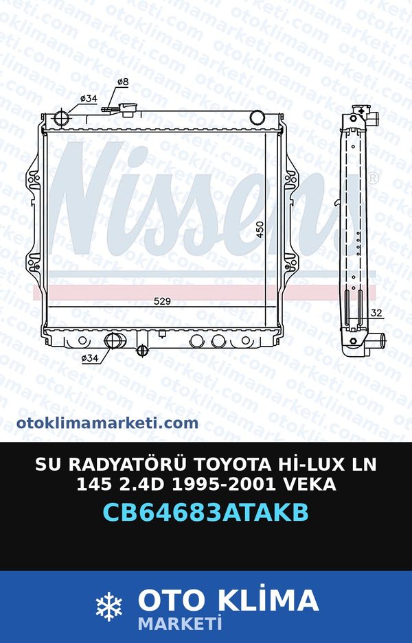 Su Radyatörü Toyota Hi-Lux Ln 145 2.4D 1995-2001 Veka — SU RADYATÖRÜ — VEKA marka — Uyumlu: TOYOTA