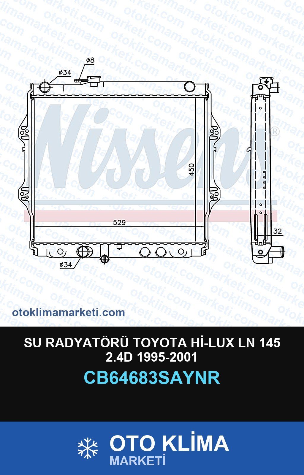 Su Radyatörü Toyota Hi-Lux Ln 145 2.4D 1995-2001 — SU RADYATÖRÜ — UNICORE marka — Uyumlu: TOYOTA