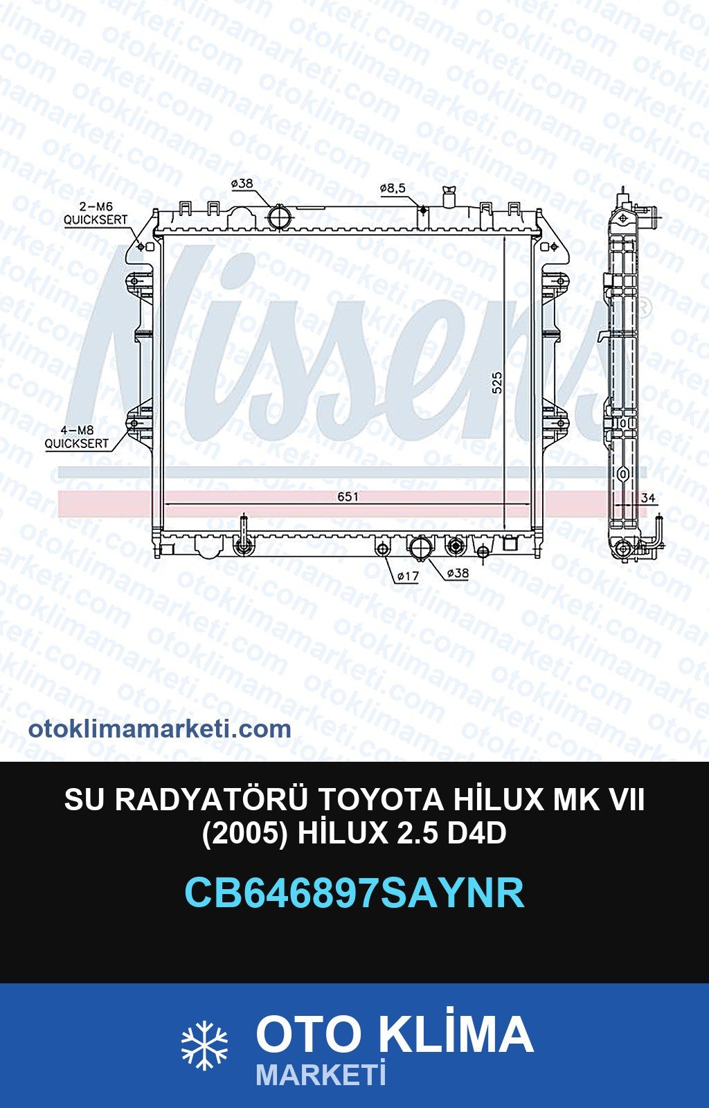 Su Radyatörü Toyota Hilux Mk VII (7) (2005) Hilux 2.5 D4D — SU RADYATÖRÜ — UNICORE marka — Uyumlu: TOYOTA
