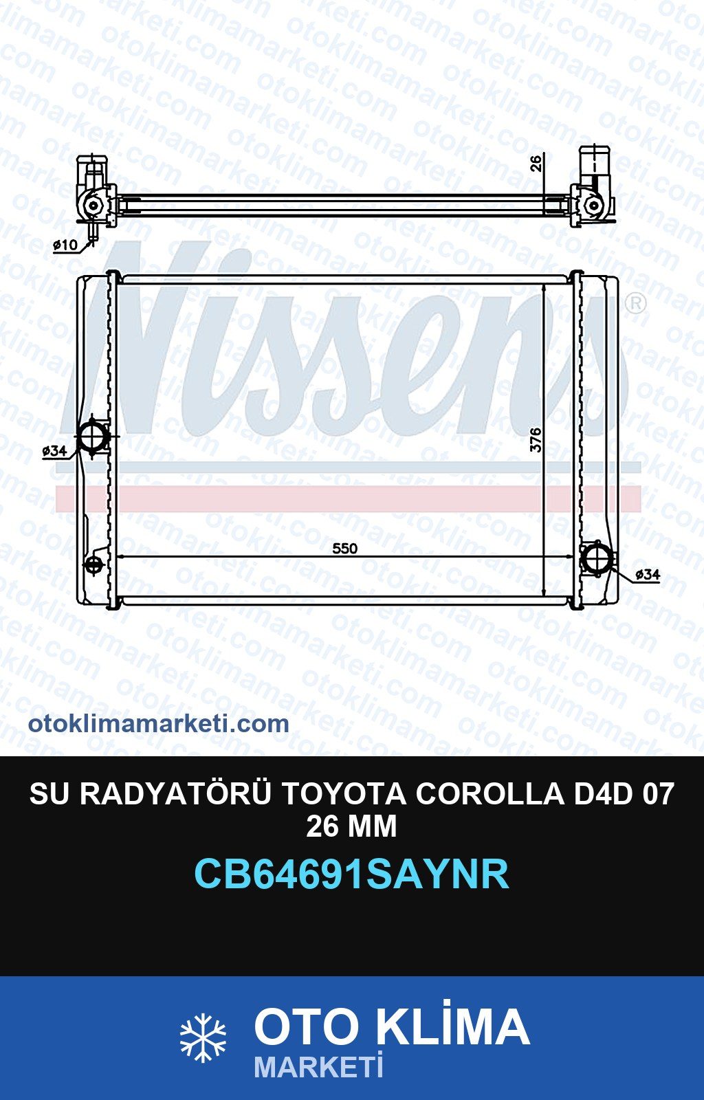 Su Radyatörü Toyota Corolla D4D 07 26 MM — SU RADYATÖRÜ — UNICORE marka — Uyumlu: TOYOTA