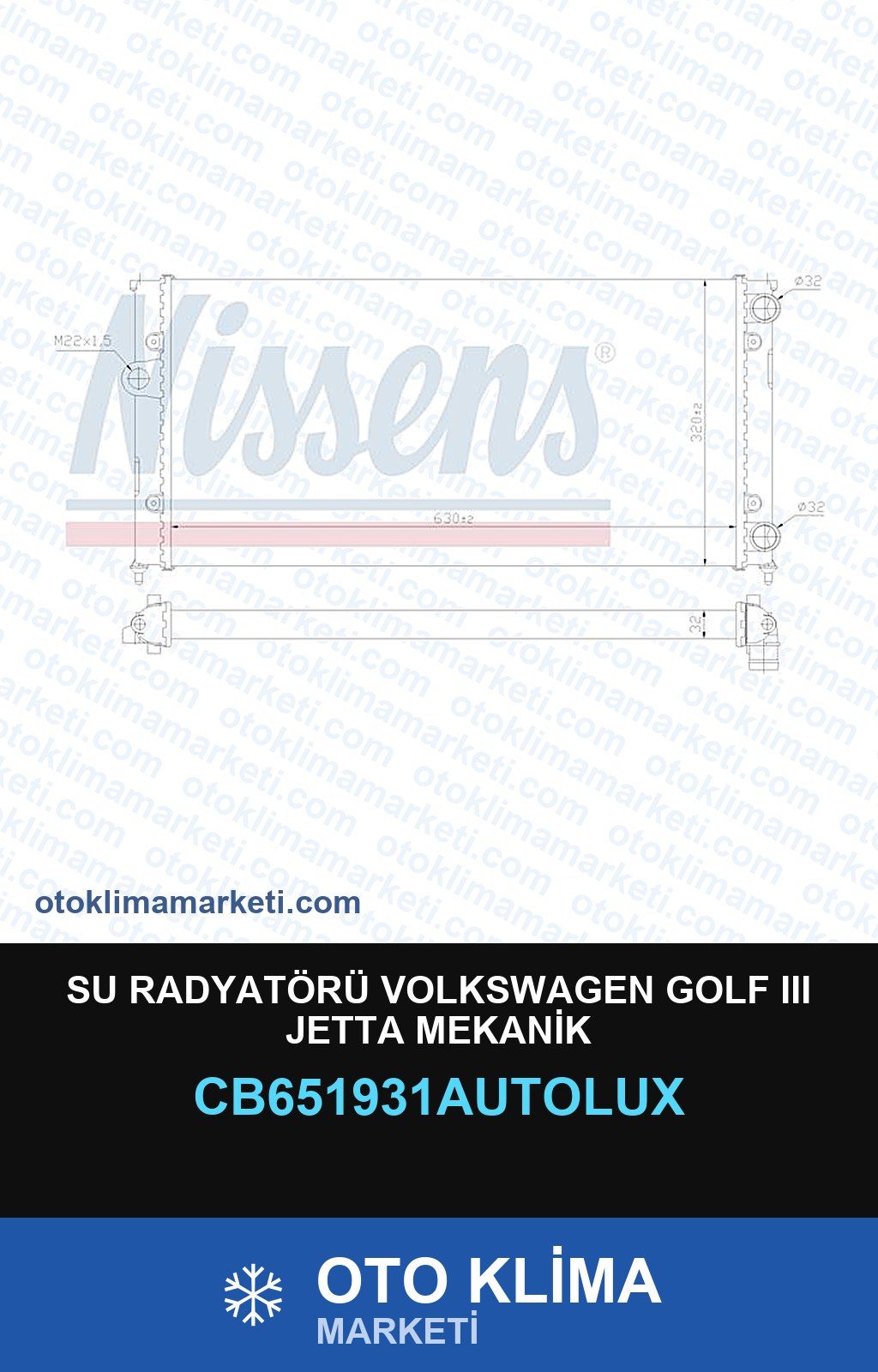Su Radyatörü Volkswagen Golf III (3) Jetta Mekanik — SU RADYATÖRÜ — AUTOLUX marka — Uyumlu: VOLKSWAGEN