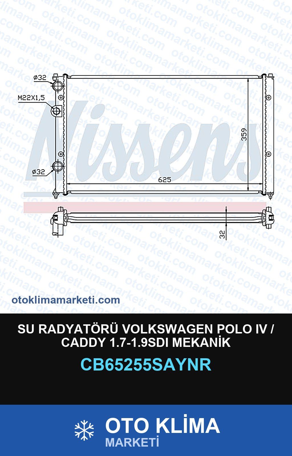 Su Radyatörü Volkswagen Polo IV (4) / Caddy 1.7-1.9SDI Mekanik — SU RADYATÖRÜ — COOLTECH marka — Uyumlu: VOLKSWAGEN