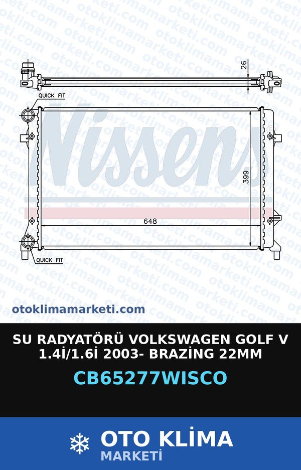 Su Radyatörü Volkswagen Golf V 1.4İ/1.6İ 2003- Brazing 22MM — SU RADYATÖRÜ — WISCO marka — Uyumlu: VOLKSWAGEN
