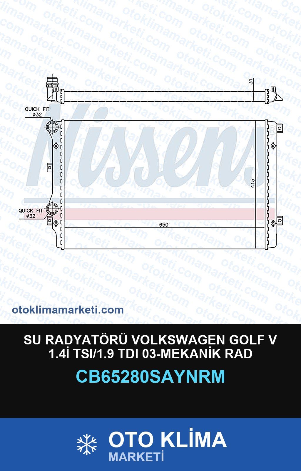 Su Radyatörü Volkswagen Golf V 1.4İ TSI/1.9 TDI 03-Mekanik Rad — SU RADYATÖRÜ — COOLTECH marka — Uyumlu: VOLKSWAGEN