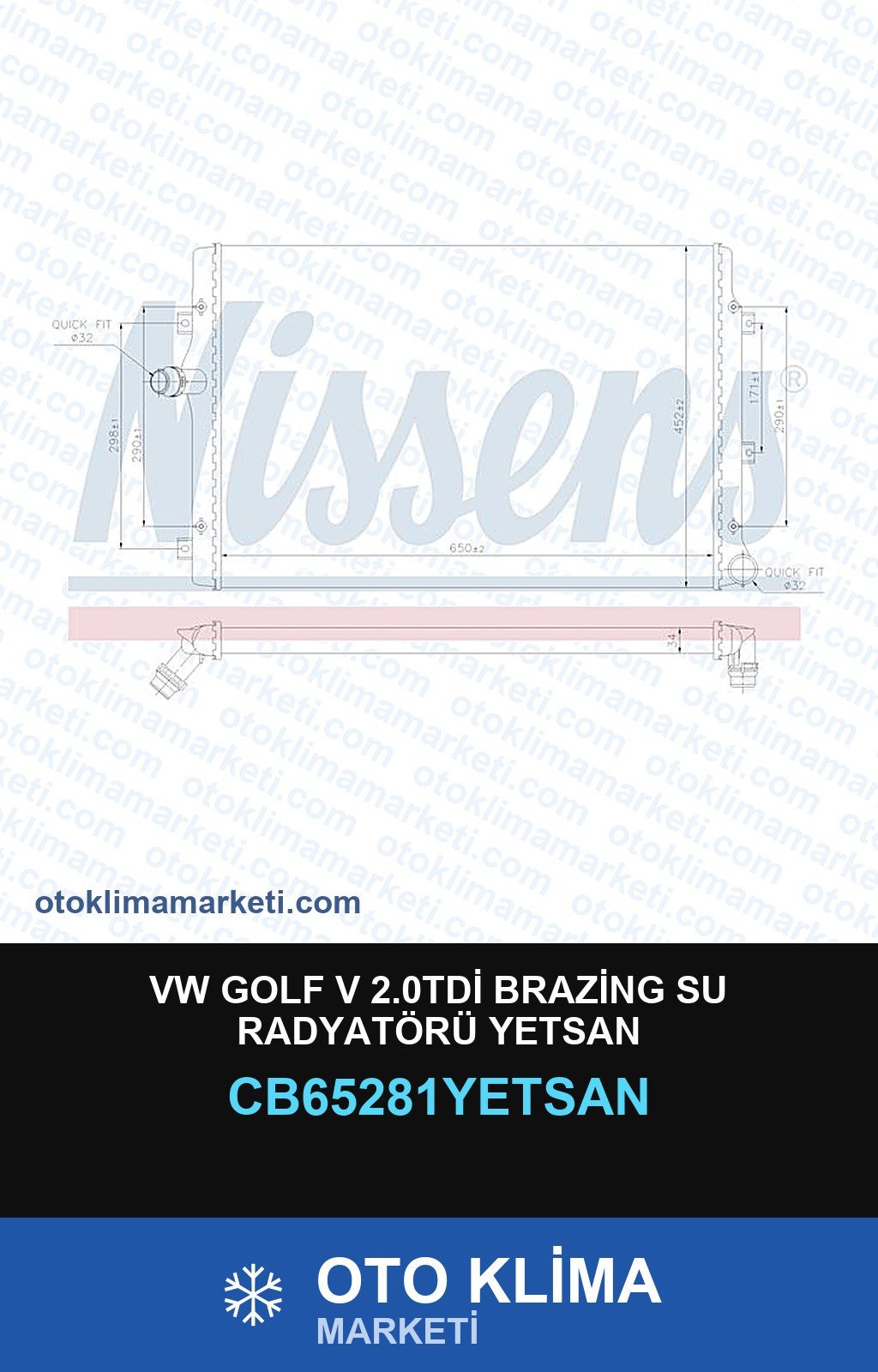 VW Golf V 2.0TDİ Brazing Su Radyatörü Yetsan — SU RADYATÖRÜ — YETSAN marka — Uyumlu: VOLKSWAGEN