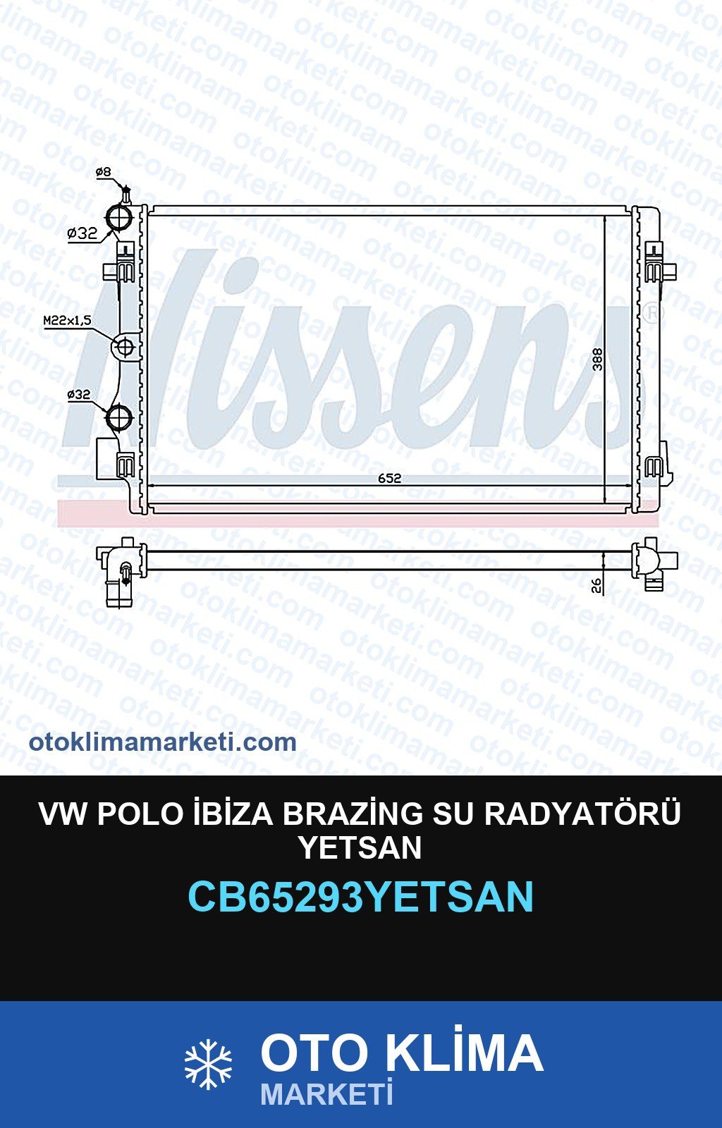 VW Polo İbiza Brazing Su Radyatörü Yetsan — SU RADYATÖRÜ — YETSAN marka — Uyumlu: VOLKSWAGEN