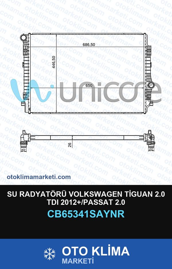 Su Radyatörü Volkswagen Tiguan 2.0 TDI 2012+/Passat 2.0 — SU RADYATÖRÜ — UNICORE marka — Uyumlu: VOLKSWAGEN
