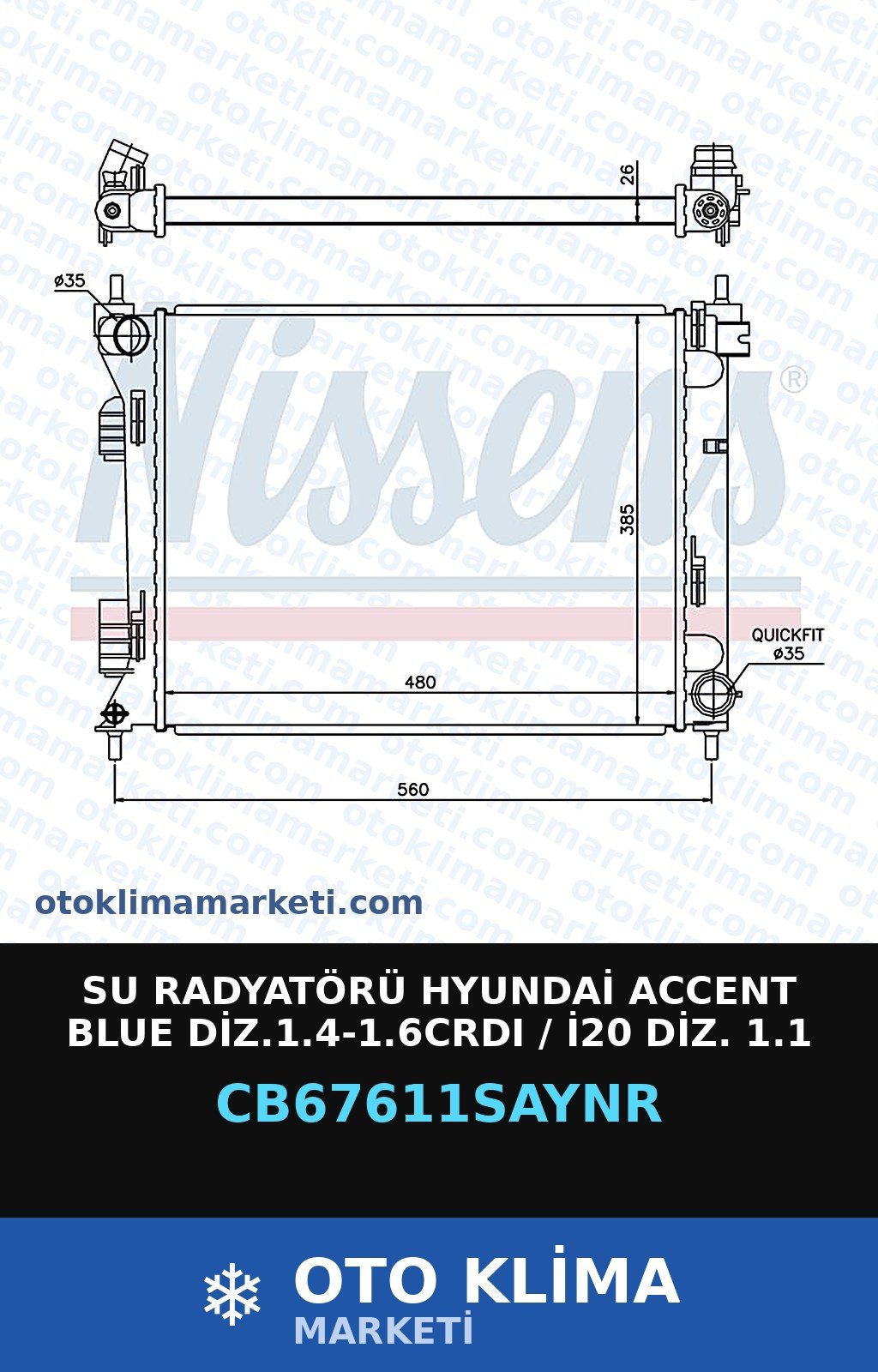 Su Radyatörü Hyundai Accent Blue Diz.1.4-1.6CRDI / İ20 Diz. 1.1 — SU RADYATÖRÜ — UNICORE marka — Uyumlu: HYUNDAI