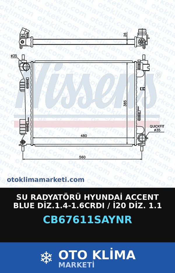 Su Radyatörü Hyundai Accent Blue Diz.1.4-1.6CRDI / İ20 Diz. 1.1 — SU RADYATÖRÜ — UNICORE marka — Uyumlu: HYUNDAI