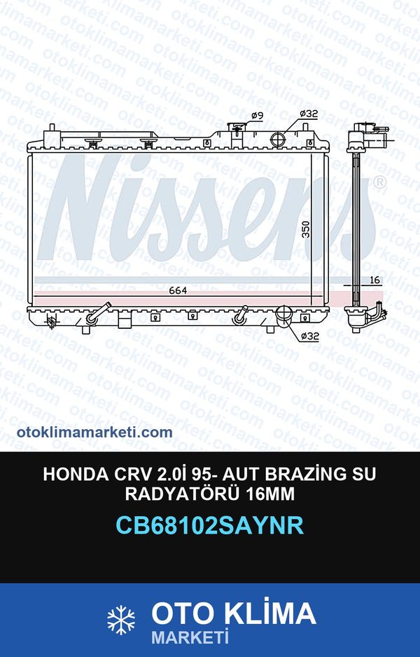 Honda CRV 2.0İ 95- Aut Brazing Su Radyatörü 16MM — SU RADYATÖRÜ — UNICORE marka — Uyumlu: HONDA