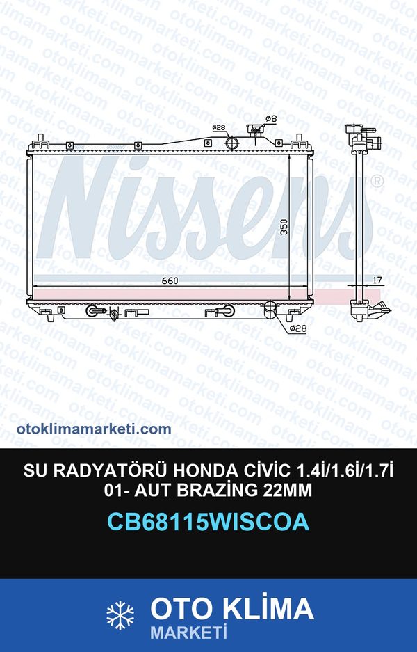 Su Radyatörü Honda Civic 1.4İ/1.6İ/1.7İ 01- Aut Brazing 22MM — SU RADYATÖRÜ — WISCO marka — Uyumlu: HONDA