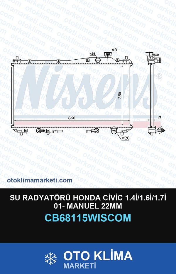 Su Radyatörü Honda Civic 1.4İ/1.6İ/1.7İ 01- Manuel 22MM — SU RADYATÖRÜ — WISCO marka — Uyumlu: HONDA