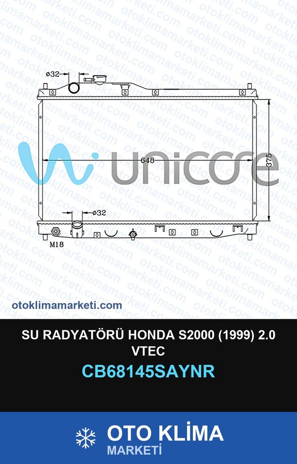 Su Radyatörü Honda S2000 (1999) 2.0 Vtec — SU RADYATÖRÜ — UNICORE marka — Uyumlu: HONDA