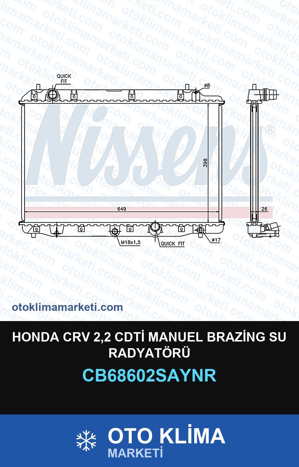 Honda CRV 2,2 CDTİ Manuel Brazing Su Radyatörü — SU RADYATÖRÜ — UNICORE marka — Uyumlu: HONDA