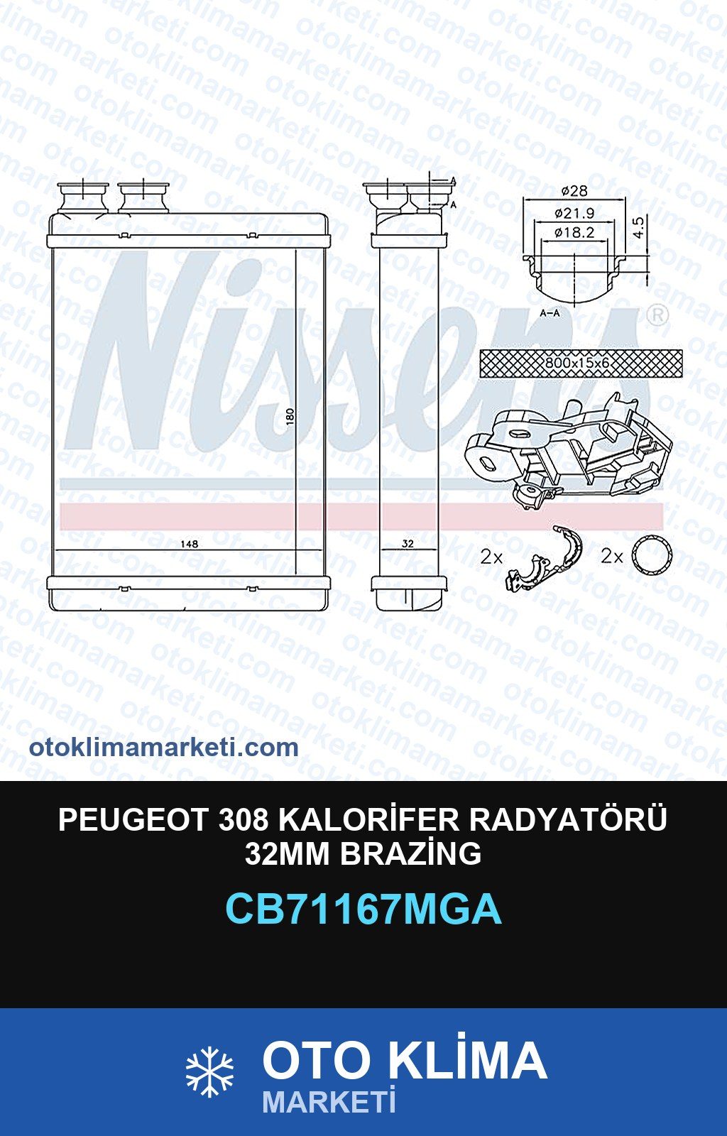 Peugeot 308 Kalorifer Radyatörü 32MM Brazing — KALORİFER PETEĞİ — MGA marka — Uyumlu: PEUGEOT
