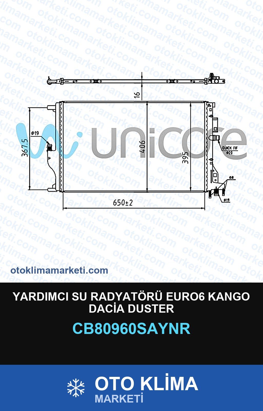 Yardımcı Su Radyatörü EURO6 Kango Dacia Duster — SU RADYATÖRÜ — UNICORE marka — Uyumlu: DACIA