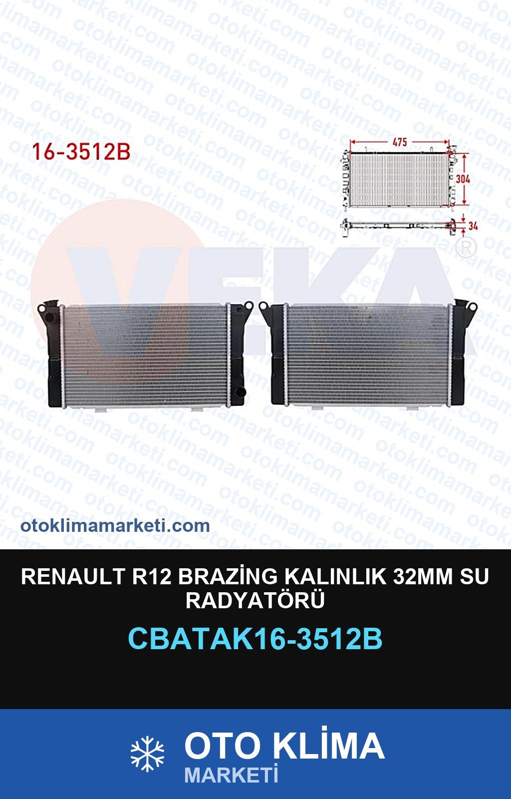 Renault R12 Brazing Kalınlık 32MM Su Radyatörü — SU RADYATÖRÜ — VEKA marka — Uyumlu: RENAULT