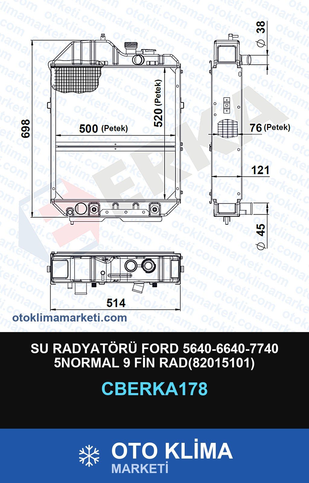 Su Radyatörü Ford 5640-6640-7740 5NORMAL 9 Fin Rad(82015101) — SU RADYATÖRÜ — ERKA marka — Uyumlu: FORD
