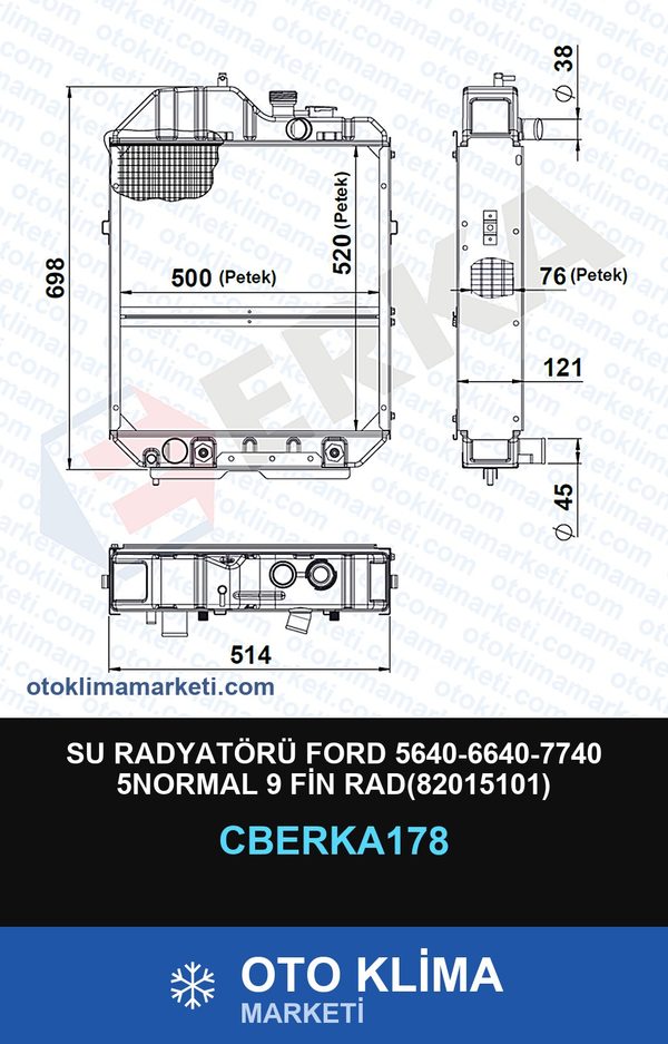 Su Radyatörü Ford 5640-6640-7740 5NORMAL 9 Fin Rad(82015101) — SU RADYATÖRÜ — ERKA marka — Uyumlu: FORD