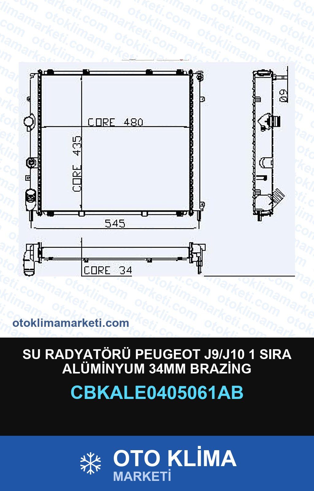 Su Radyatörü Peugeot J9/J10 1 Sıra Alüminyum 34MM Brazing — SU RADYATÖRÜ — KALE marka — Uyumlu: PEUGEOT
