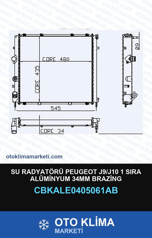 Su Radyatörü Peugeot J9/J10 1 Sıra Alüminyum 34MM Brazing — SU RADYATÖRÜ — KALE marka — Uyumlu: PEUGEOT