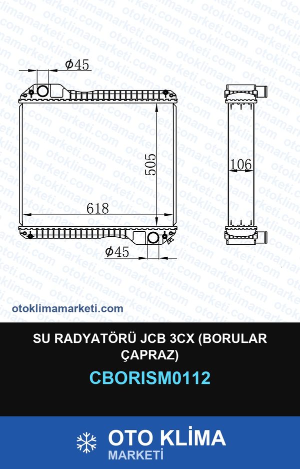 Su Radyatörü JCB 3CX (Borular Çapraz) — SU RADYATÖRÜ — ORİS marka — Uyumlu: JCB