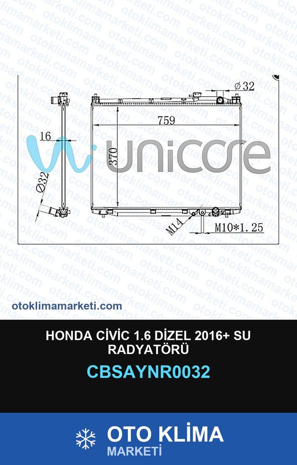 Honda Civic 1.6 Dizel 2016+ Su Radyatörü — SU RADYATÖRÜ — UNICORE marka — Uyumlu: HONDA