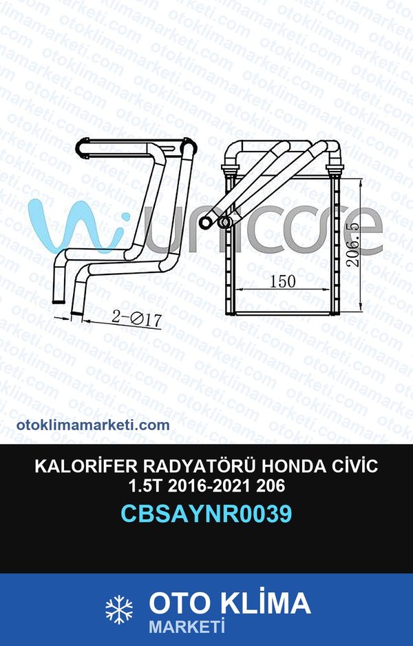 Kalorifer Radyatörü Honda Civic 1.5T 2016-2021 206 — KALORİFER PETEĞİ — UNICORE marka — Uyumlu: HONDA