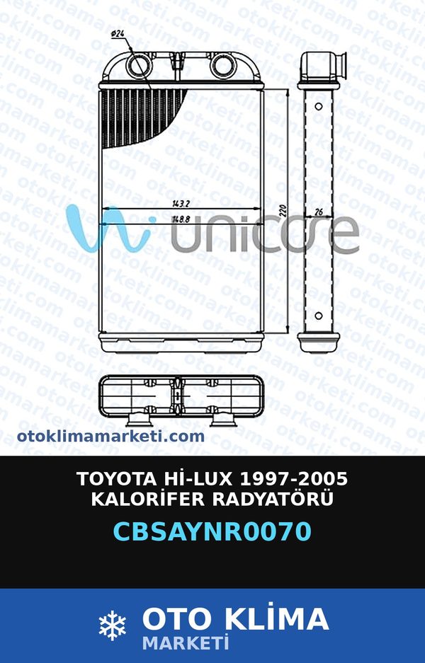 Toyota Hi-Lux 1997-2005 Kalorifer Radyatörü — KALORİFER PETEĞİ — UNICORE marka — Uyumlu: TOYOTA