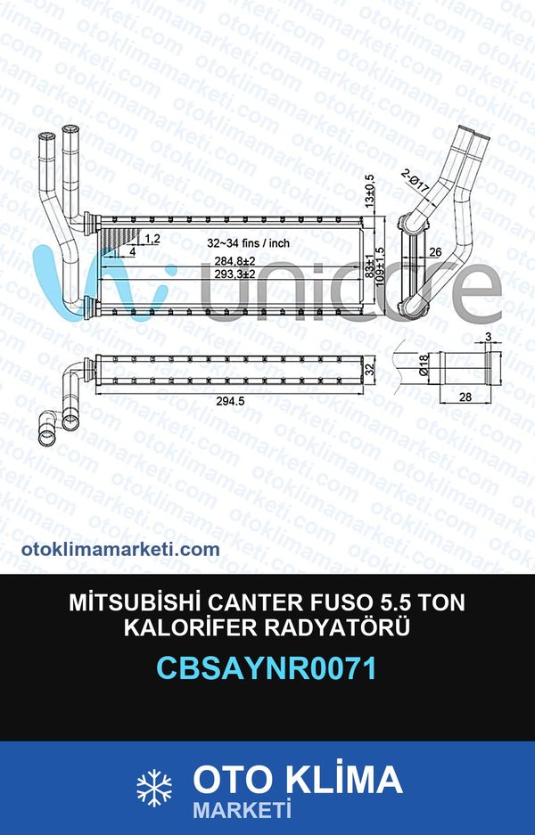 Mitsubishi Canter Fuso 5.5 Ton Kalorifer Radyatörü — KALORİFER PETEĞİ — UNICORE marka — Uyumlu: MITSUBISHI