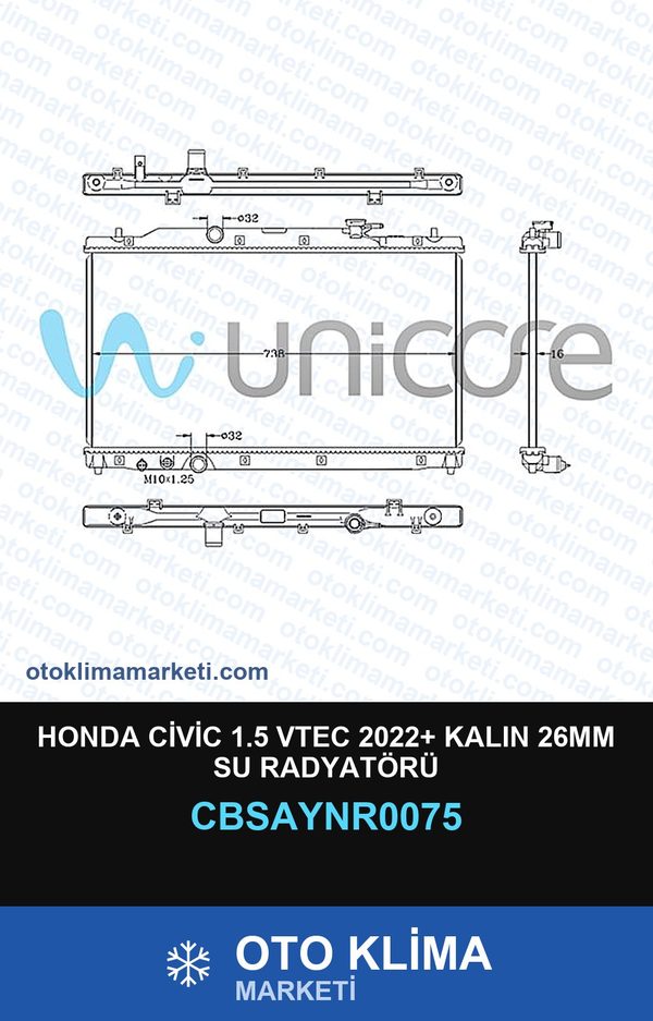 Honda Civic 1.5 Vtec 2022+ Kalın 26MM Su Radyatörü — SU RADYATÖRÜ — UNICORE marka — Uyumlu: HONDA