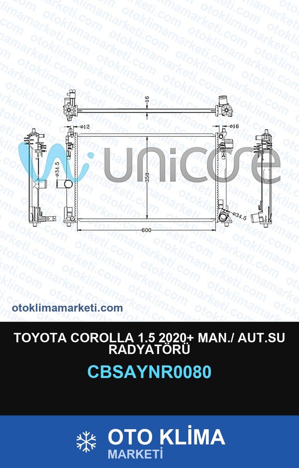 Toyota Corolla 1.5 2020+ MAN./ Aut.Su Radyatörü — SU RADYATÖRÜ — UNICORE marka — Uyumlu: MAN, TOYOTA