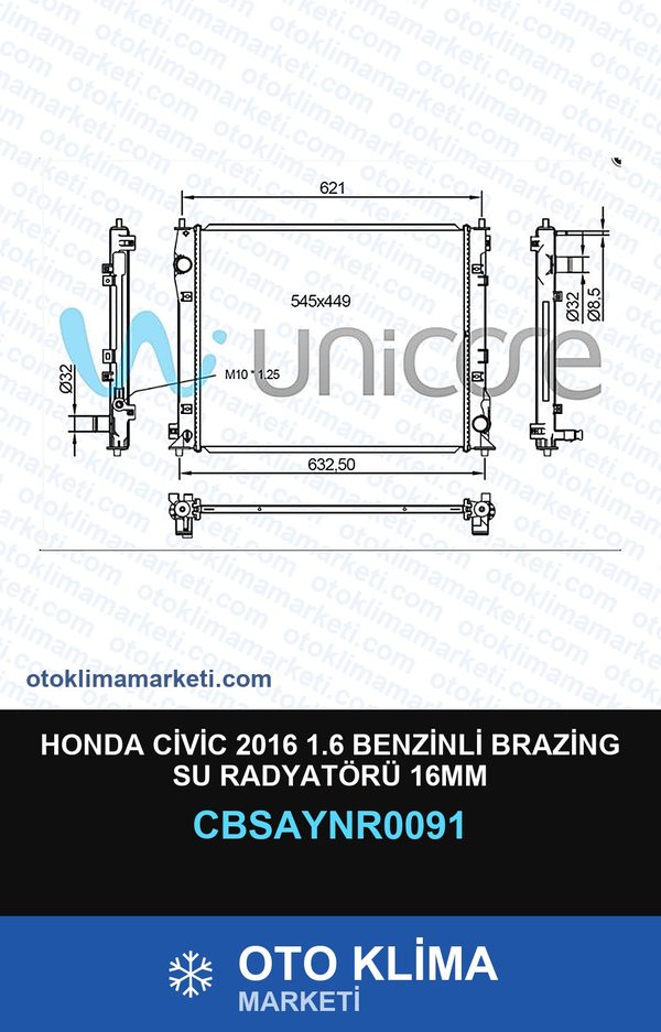 Honda Civic 2016 1.6 Benzinli Brazing Su Radyatörü 16MM — SU RADYATÖRÜ — UNICORE marka — Uyumlu: HONDA