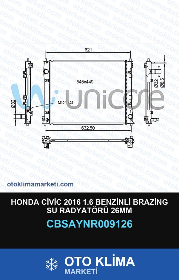 Honda Civic 2016 1.6 Benzinli Brazing Su Radyatörü 26MM — SU RADYATÖRÜ — UNICORE marka — Uyumlu: HONDA
