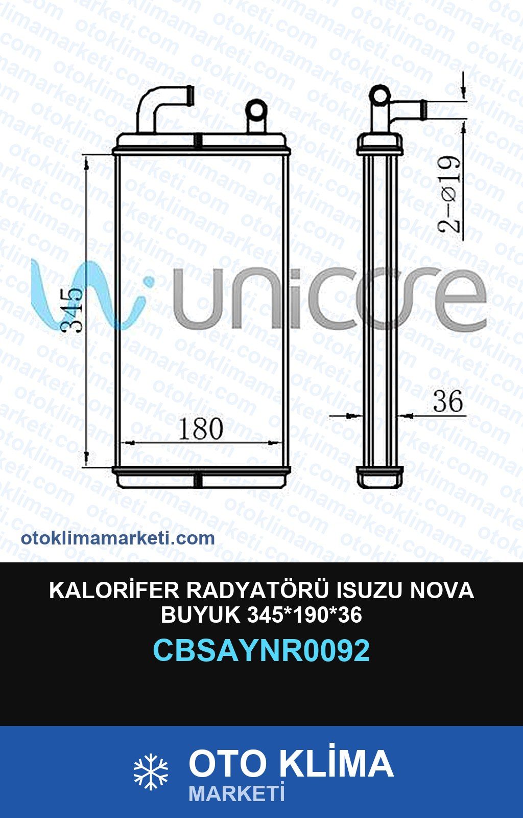 Kalorifer Radyatörü Isuzu Nova Buyuk 345*190*36 — KALORİFER PETEĞİ — UNICORE marka — Uyumlu: ISUZU