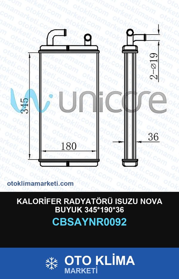 Kalorifer Radyatörü Isuzu Nova Buyuk 345*190*36 — KALORİFER PETEĞİ — UNICORE marka — Uyumlu: ISUZU