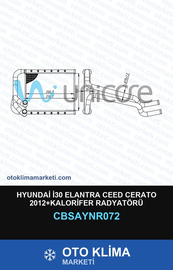 Hyundai İ30 Elantra Ceed Cerato 2012+Kalorifer Radyatörü — KALORİFER PETEĞİ — UNICORE marka — Uyumlu: HYUNDAI