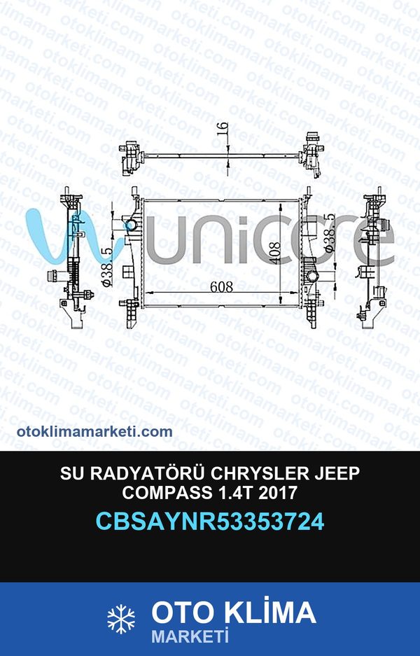 Su Radyatörü Chrysler Jeep Compass 1.4T 2017 — SU RADYATÖRÜ — UNICORE marka — Uyumlu: CHRYSLER, JEEP