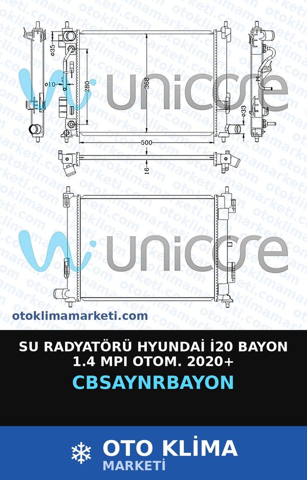 Su Radyatörü Hyundai İ20 Bayon 1.4 MPI Otom. 2020+ — SU RADYATÖRÜ — UNICORE marka — Uyumlu: HYUNDAI