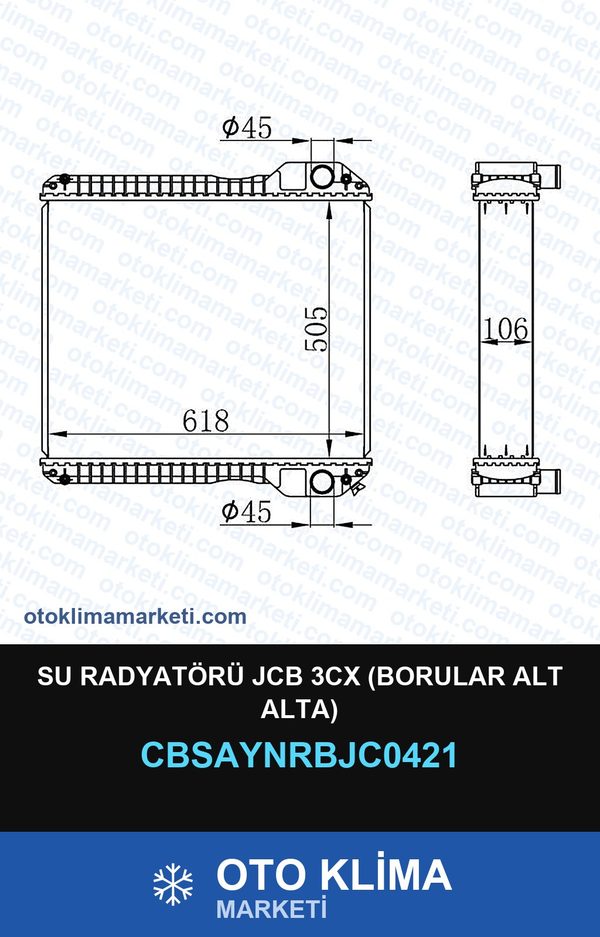 Su Radyatörü JCB 3CX (Borular Alt Alta) — SU RADYATÖRÜ — UNICORE marka — Uyumlu: JCB