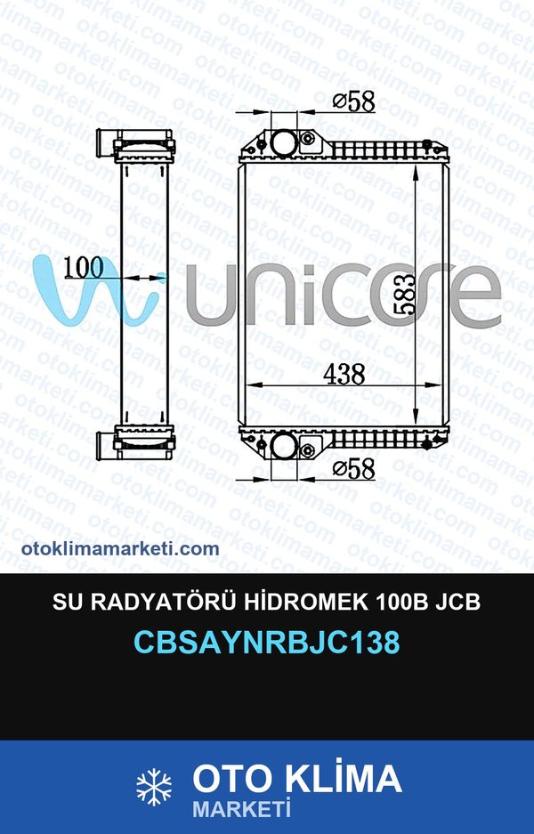 Su Radyatörü Hidromek 100B JCB — SU RADYATÖRÜ — UNICORE marka — Uyumlu: HIDROMEK, JCB