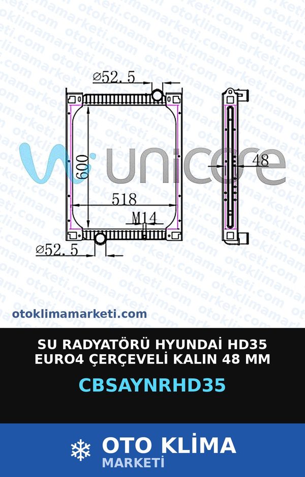 Su Radyatörü Hyundai HD35 EURO4 Çerçeveli Kalın 48 MM — SU RADYATÖRÜ — UNICORE marka — Uyumlu: HYUNDAI