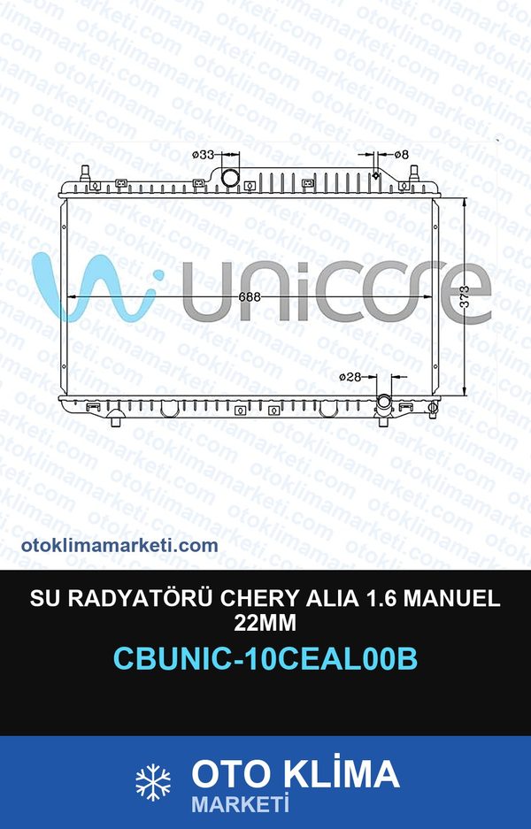 Su Radyatörü Chery Alıa 1.6 Manuel 22MM — SU RADYATÖRÜ — UNICORE marka — Uyumlu: CHERY