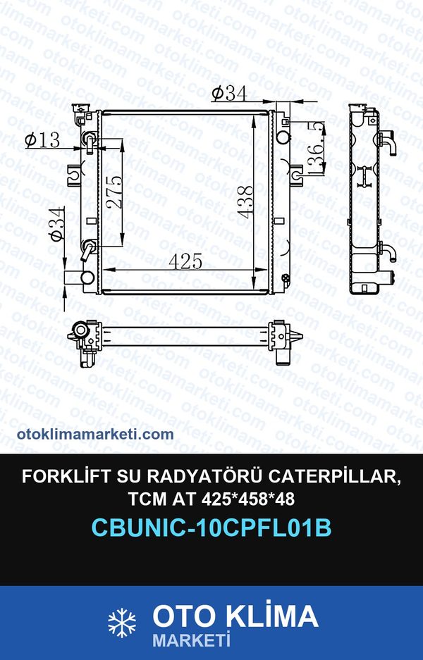 Forklift Su Radyatörü Caterpillar, Tcm At 425*458*48 — SU RADYATÖRÜ — UNICORE marka — Uyumlu: CATERPILLAR