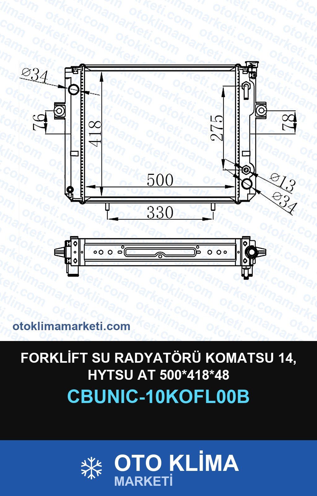 Forklift Su Radyatörü Komatsu 14, Hytsu At 500*418*48 — SU RADYATÖRÜ — UNICORE marka — Uyumlu: KOMATSU