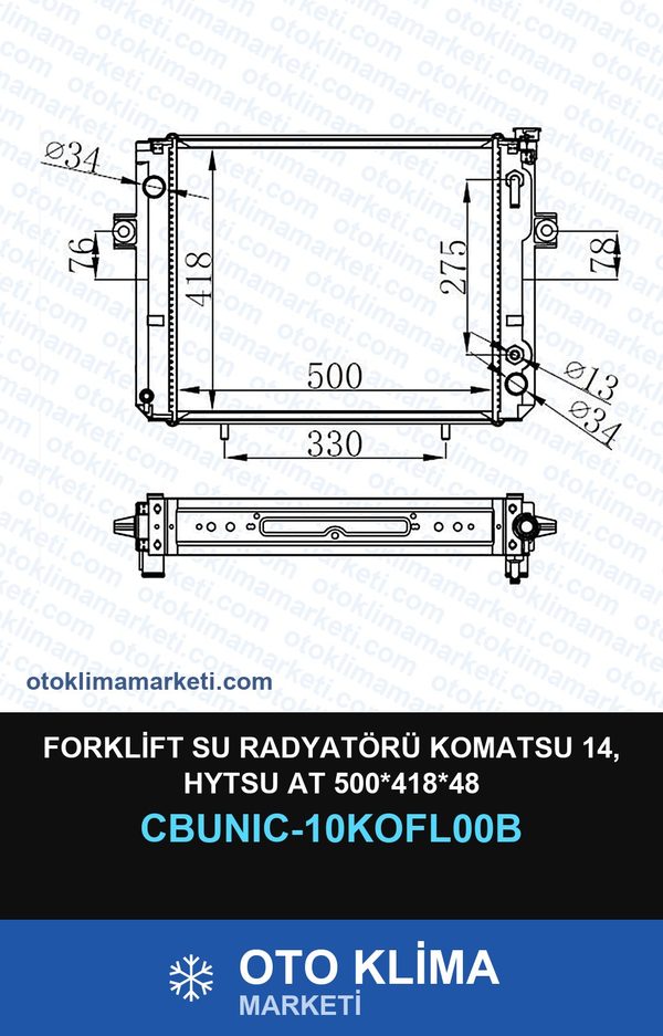 Forklift Su Radyatörü Komatsu 14, Hytsu At 500*418*48 — SU RADYATÖRÜ — UNICORE marka — Uyumlu: KOMATSU